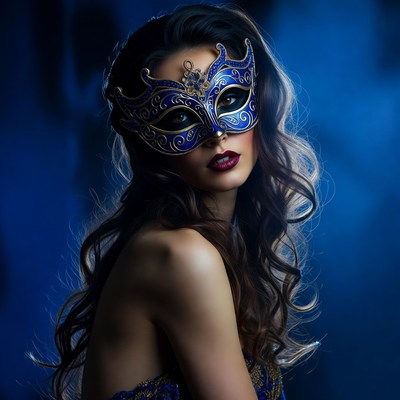 Woman wearing blue masquerade mask