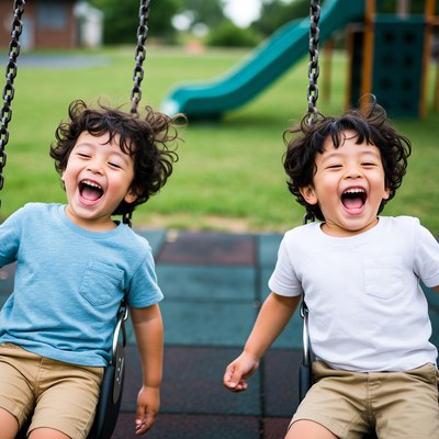Twin Boys Laughing on Playground Swing