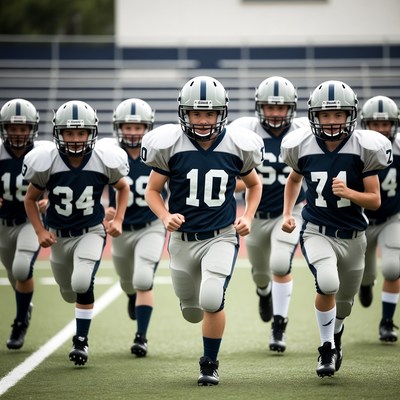 Youth football team running on field