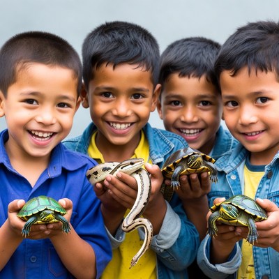 Boys holding turtles and snake