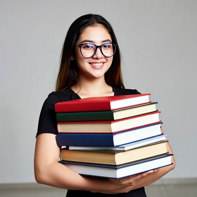 Asian girl smiling with stack of books