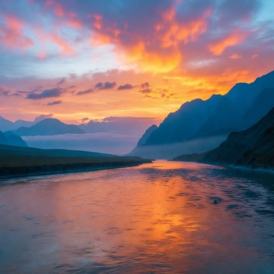 Sunset over river and mountains