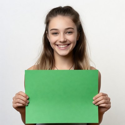 Teen girl holding green blank sign