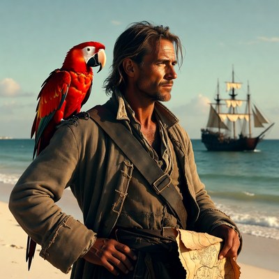 Pirate man with red parrot on beach