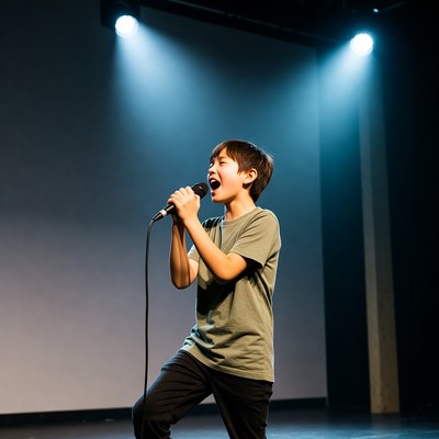 Boy singing with microphone on stage