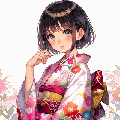 Anime girl in pink kimono