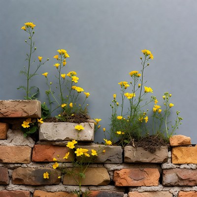 Yellow Flowers Growing on Brick Wall