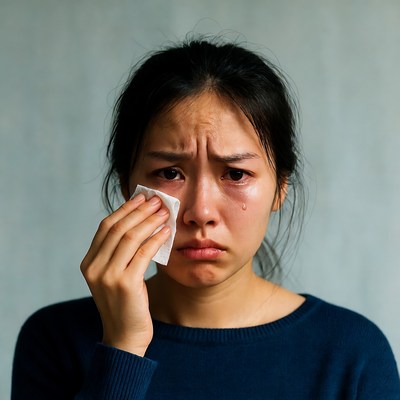 Asian woman crying with tissue