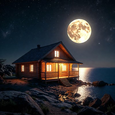 Log Cabin by Lake Under Full Moon