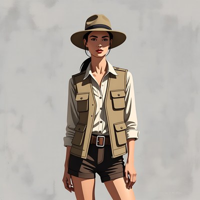 Asian woman in explorer outfit
