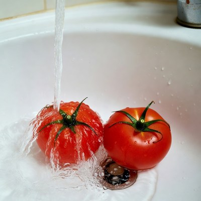 Tomatoes under faucet in sink