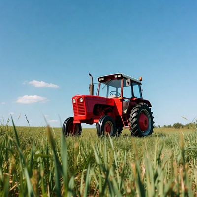 Red tractor in green field