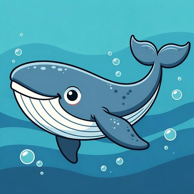 Cartoon Blue Whale Swimming Underwater