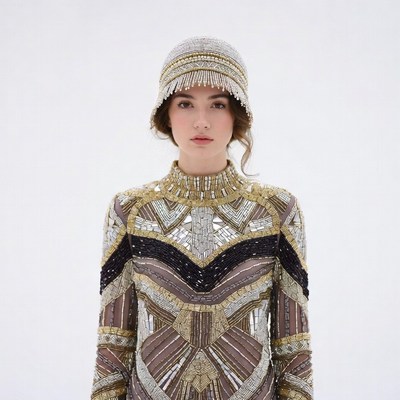 Woman in Beaded Flapper Dress and Hat