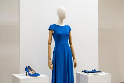 Mannequin wearing blue dress with heels