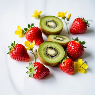 Strawberries and Kiwi with Yellow Flowers