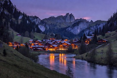 Swiss Alpine Village at Twilight