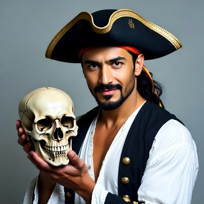Pirate man holding skull