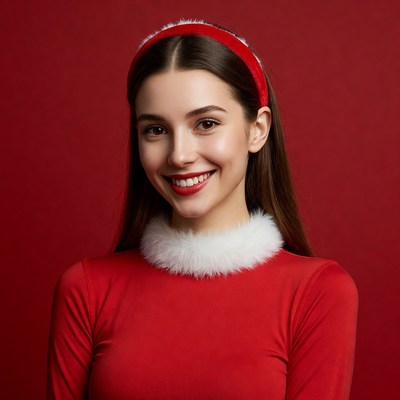 Smiling woman in red Santa dress