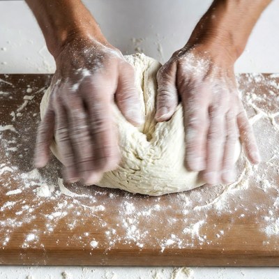 Hands kneading dough on floured surface