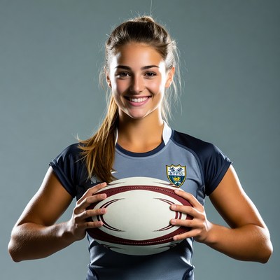 Smiling woman holding rugby ball