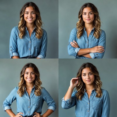 Smiling woman in denim shirt portraits