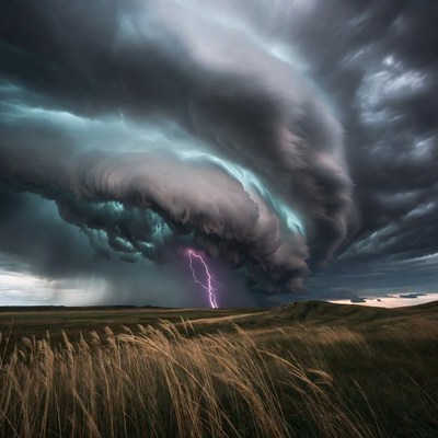 Lightning Storm Over Grassy Field