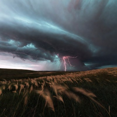 Lightning Storm Over Grassy Field