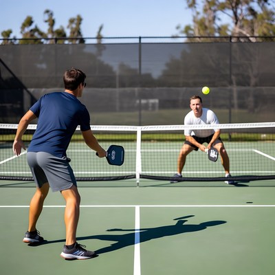 Two men playing pickleball outdoors
