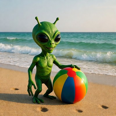 Green Alien Holding Beach Ball