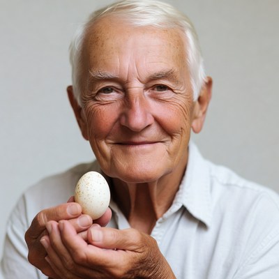 Elderly man holding speckled egg