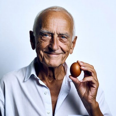 Elderly man holding brown egg