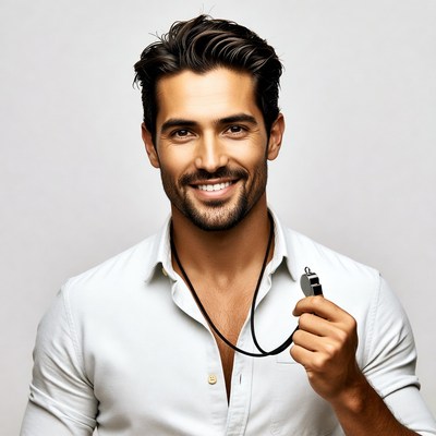 Handsome man holding whistle