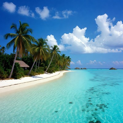 Tropical Beach with Palm Trees and Hut