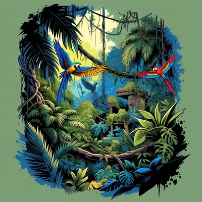 Colorful Parrots Flying in Jungle