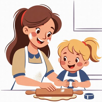 Mother and daughter rolling dough