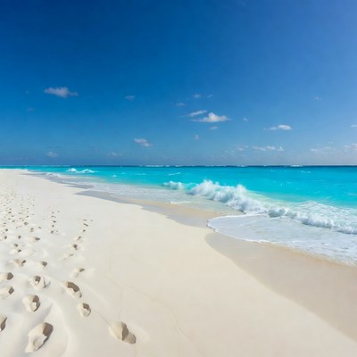 Sandy Beach with Footprints and Turquoise Waves