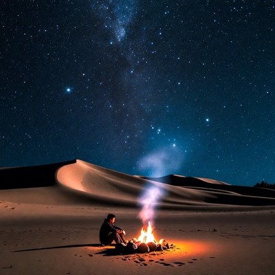 Man by campfire under Milky Way desert