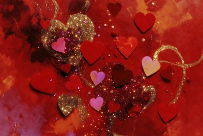 Red Glitter Hearts on Background