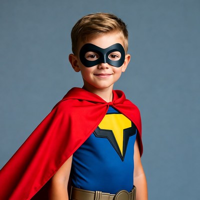 Boy in superhero costume with mask