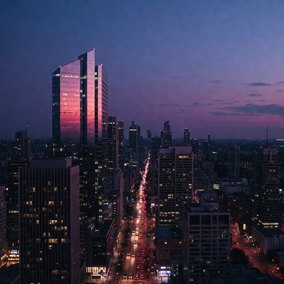 City skyline at dusk with traffic