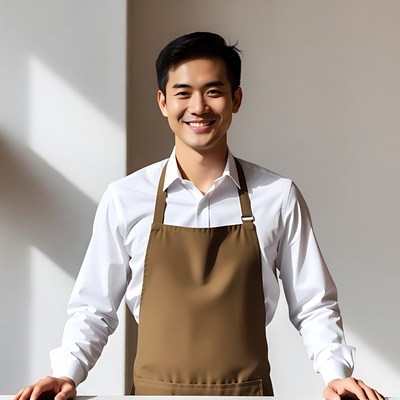 Asian man smiling in brown apron