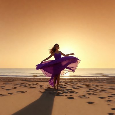Woman twirling purple dress beach sunset