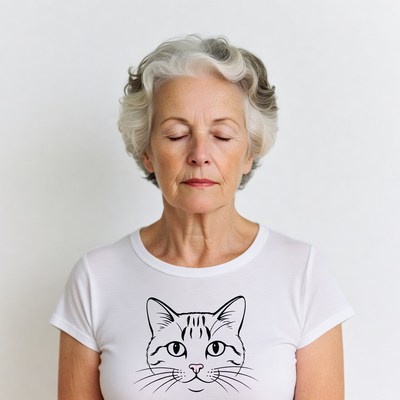 Elderly woman wearing cat t-shirt