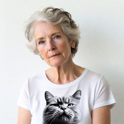 Elderly woman wearing cat t-shirt