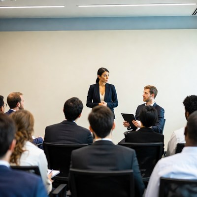 Woman leading diverse business meeting