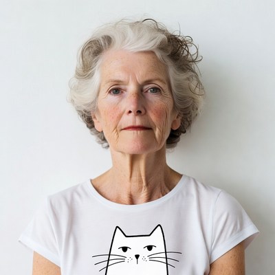 Elderly woman wearing cat t-shirt