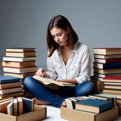 Woman reading book surrounded by stacks