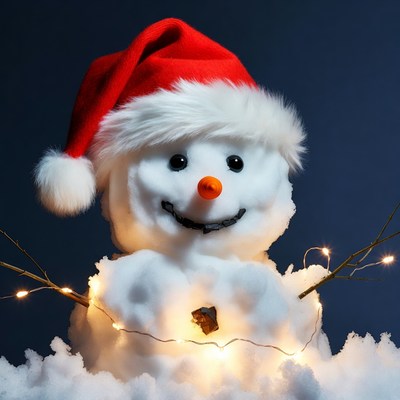 Snowman wearing Santa hat with lights