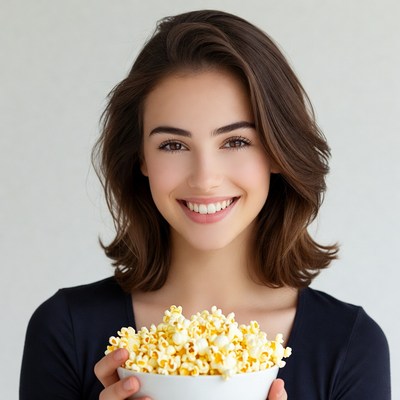 Woman holding bowl of popcorn